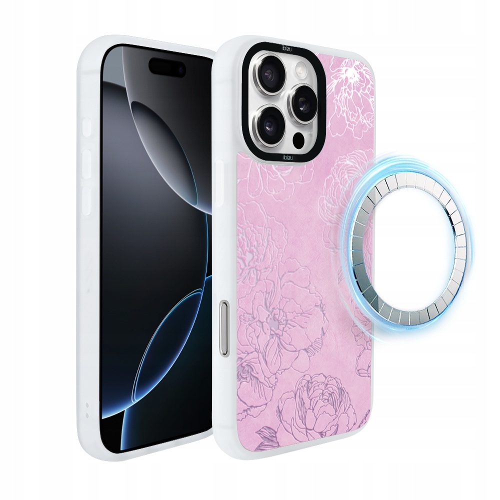 Pouzdro pro iPhone 16 Pro Ibizu DropGuard Matt s MagSafe, růžové pivoňky, bílé