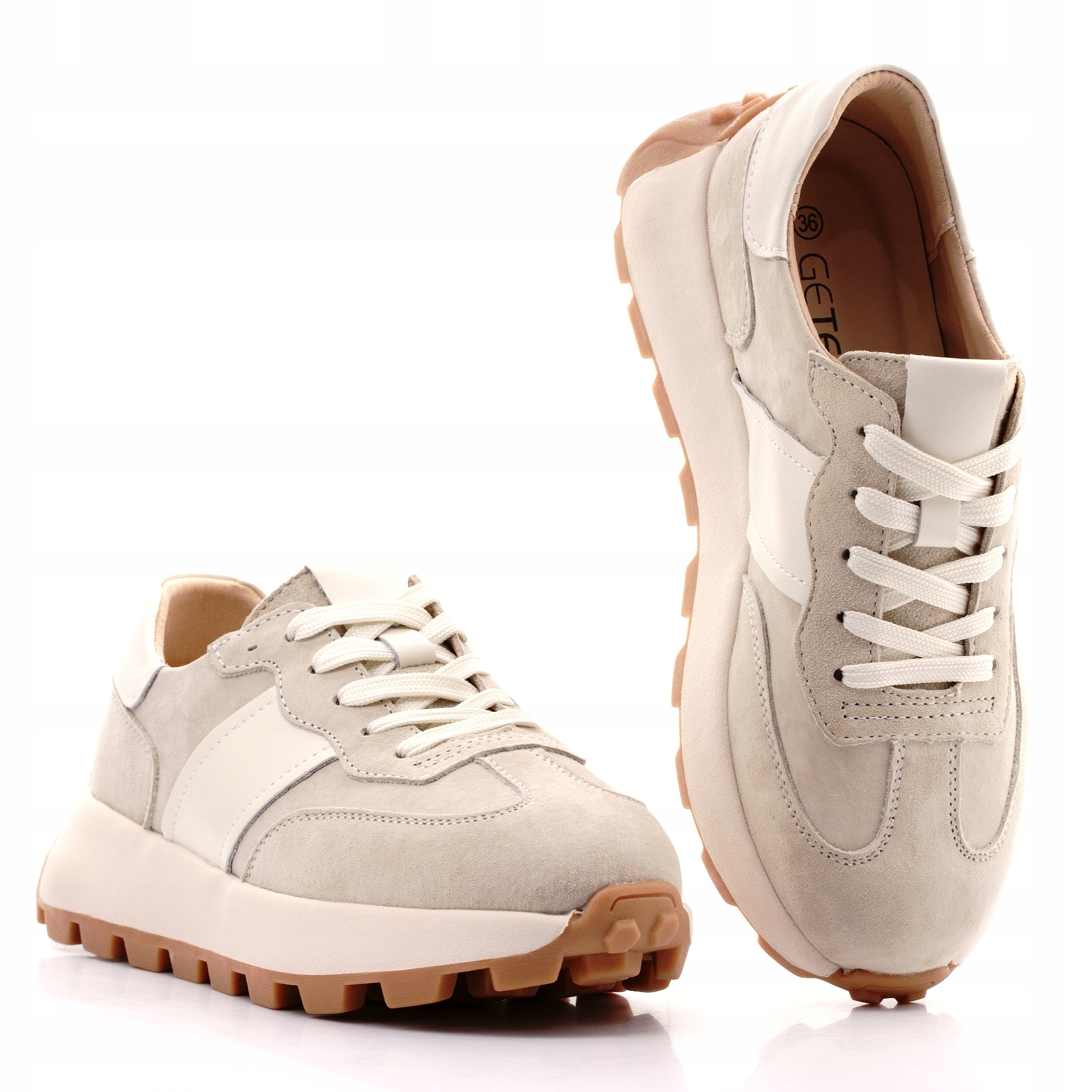 Lunava Skórzane Buty Sportowe Damskie Klasyczne Beżowe 021 38