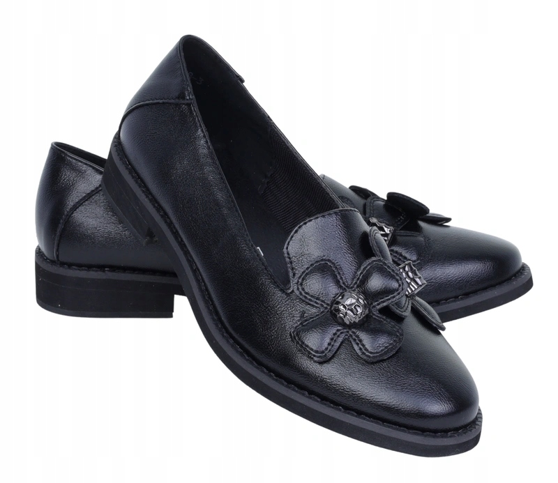 i półbuty damskie czarne wsuwane loafersy z kwiatkami