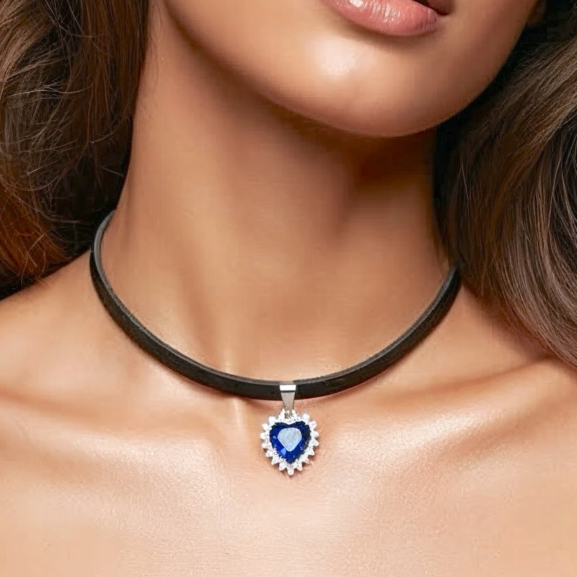 Choker kožený přívěsek zirkon na krk modrý nerezový dárek srdce