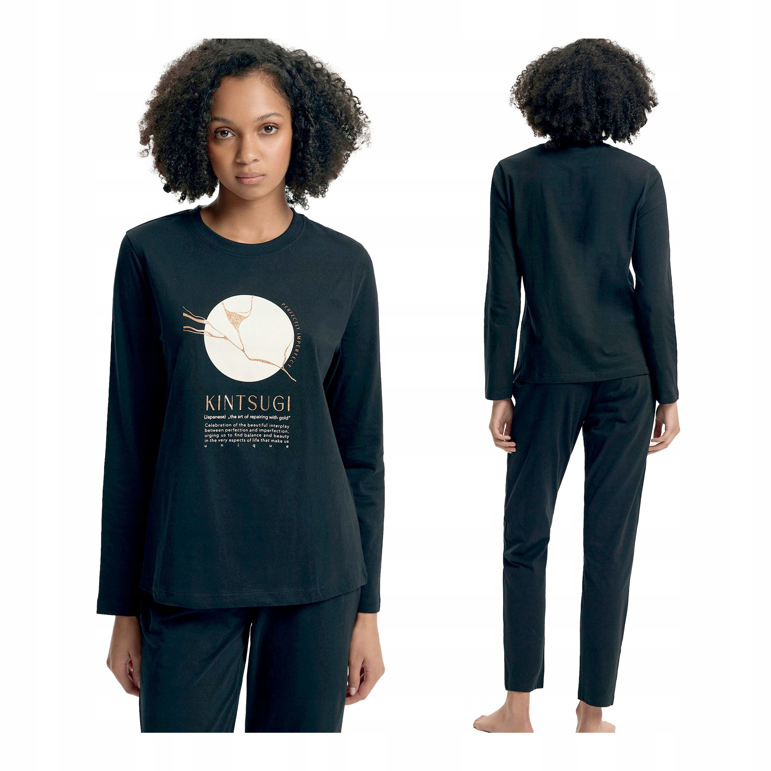 Dámské dvoudílné bavlněné pyžamo s dlouhým rukávem, kalhoty, černé, velikost XXL