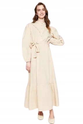 Trendyol Béžová Šaty S Volánem A Výšivkou Na Výstřihu 38 5AB