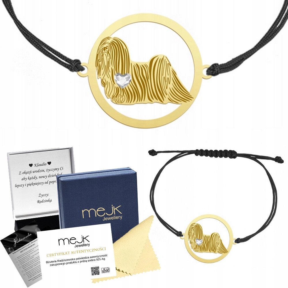 Zlatý náramek Lhasa Apso 925 Šňůra Šperky Dárek Gravírování Bonus