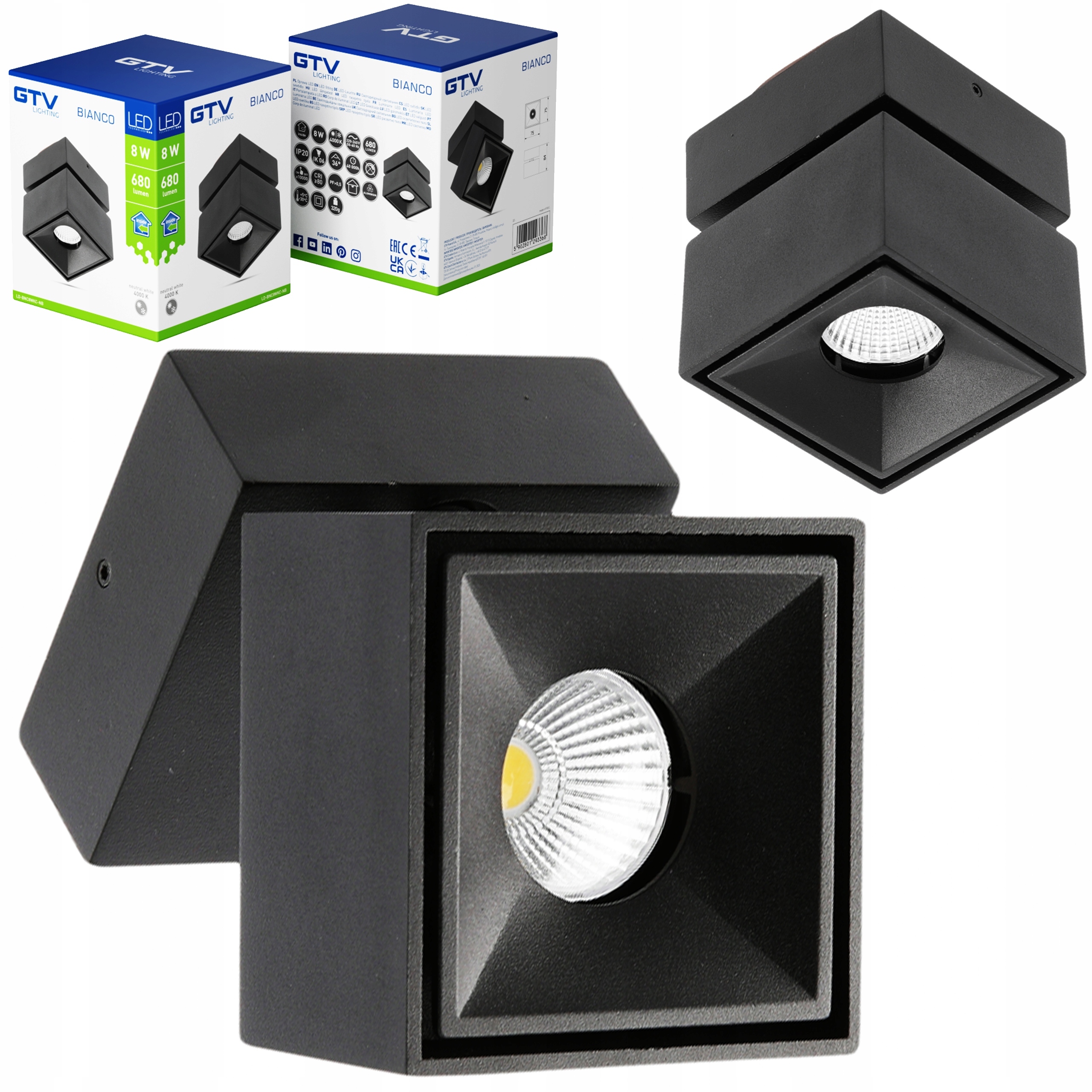 Nástěnná Lampa Stropní Led svítidlo Bianco 8W 680lm 4000K čtverec černá