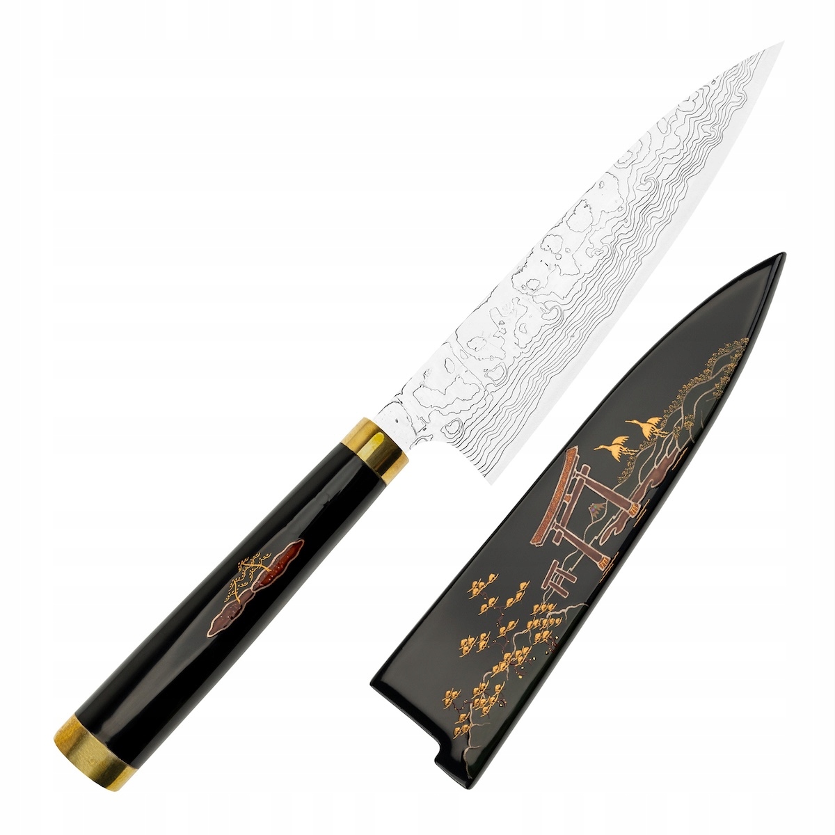 Takeshi Saji Art Tori Fuji Lake Kovaný R-2 Japonský univerzálny nôž 13 cm Saya