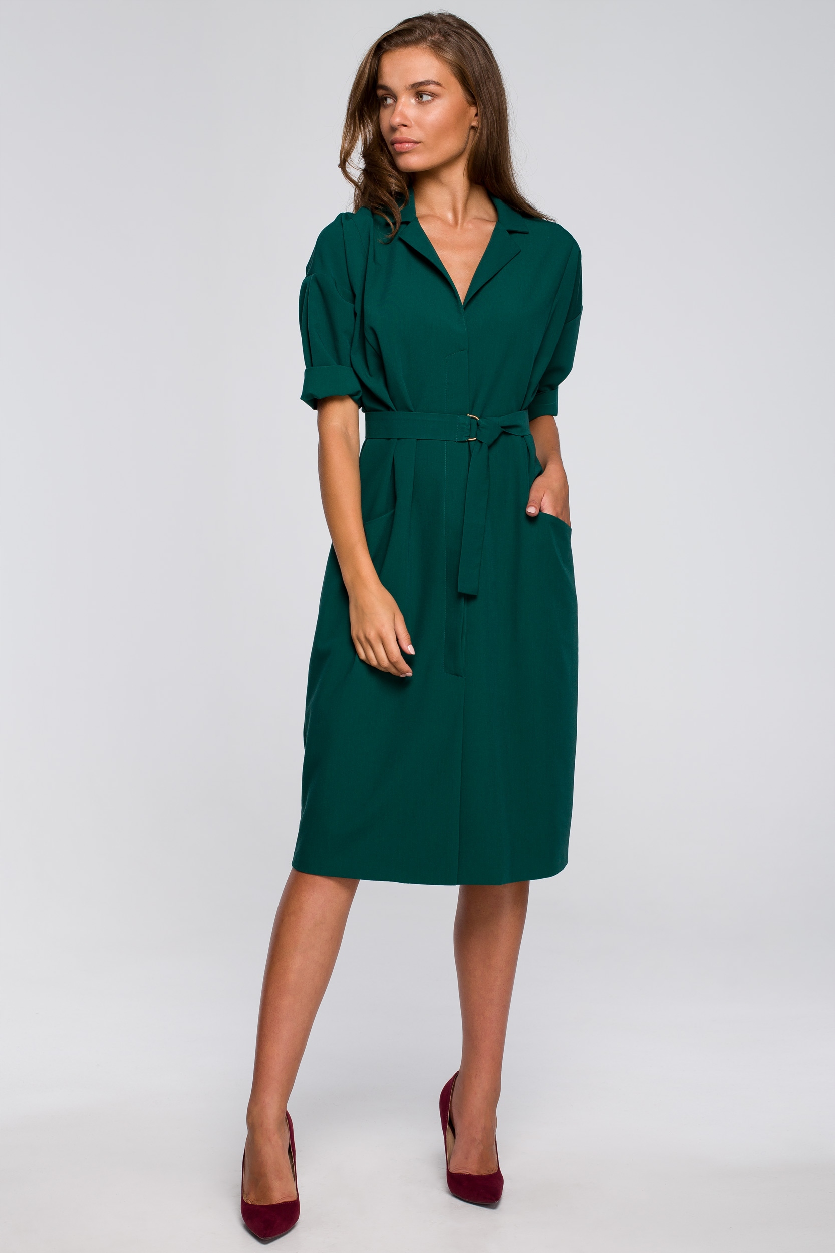 ELEGANCKA DAMSKA KOBIECA SUKIENKA Z KOŁNIERZEM KIESZENIE ZIELONA 36 S Marka Stylove