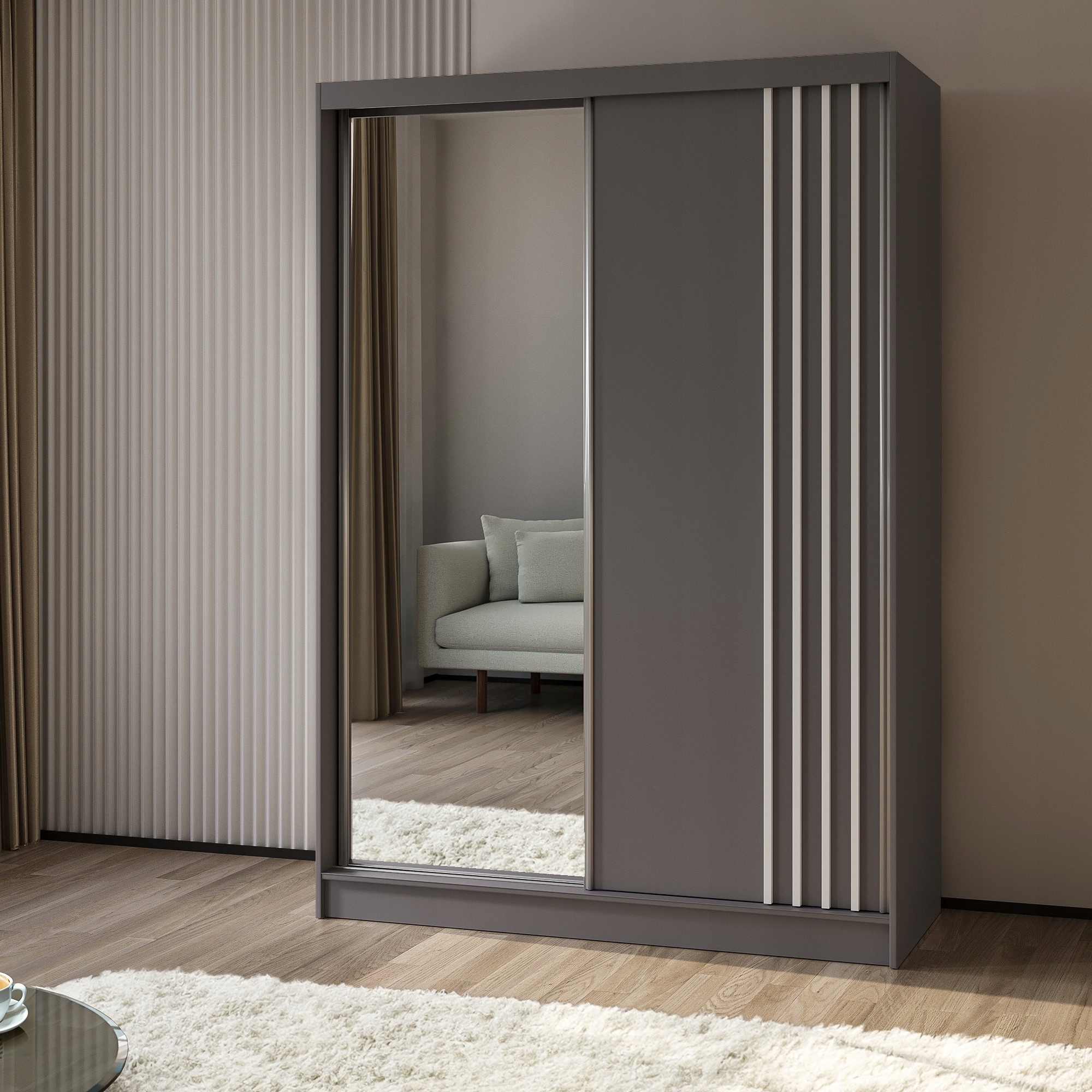 Skříň Nelvia 150 cm Skříň se zrcadlem Posuvná šedá