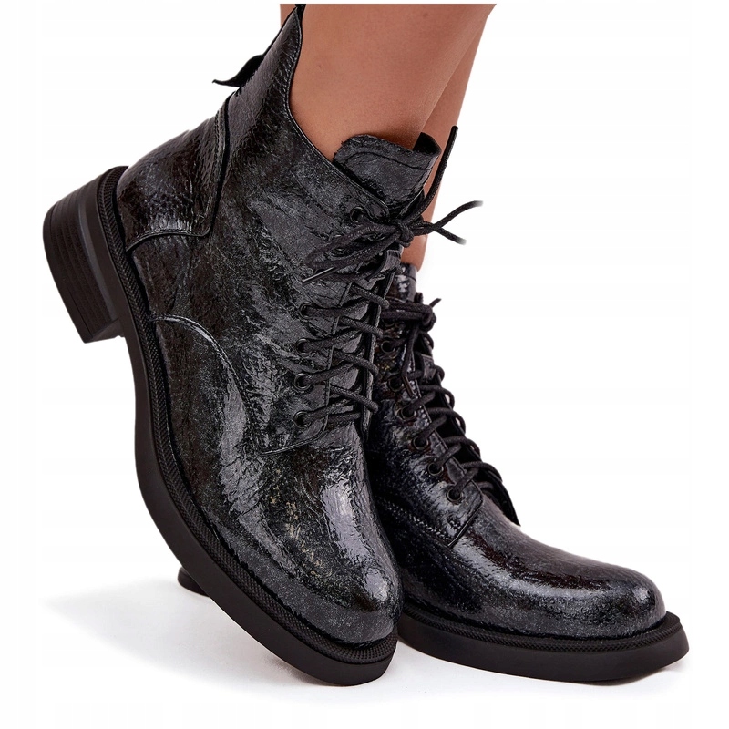 Dámské Kotníkové Boty Přírodní Kůže Lak Podpatek Klocek D&a LZ52-954 Tmavě Modré 36