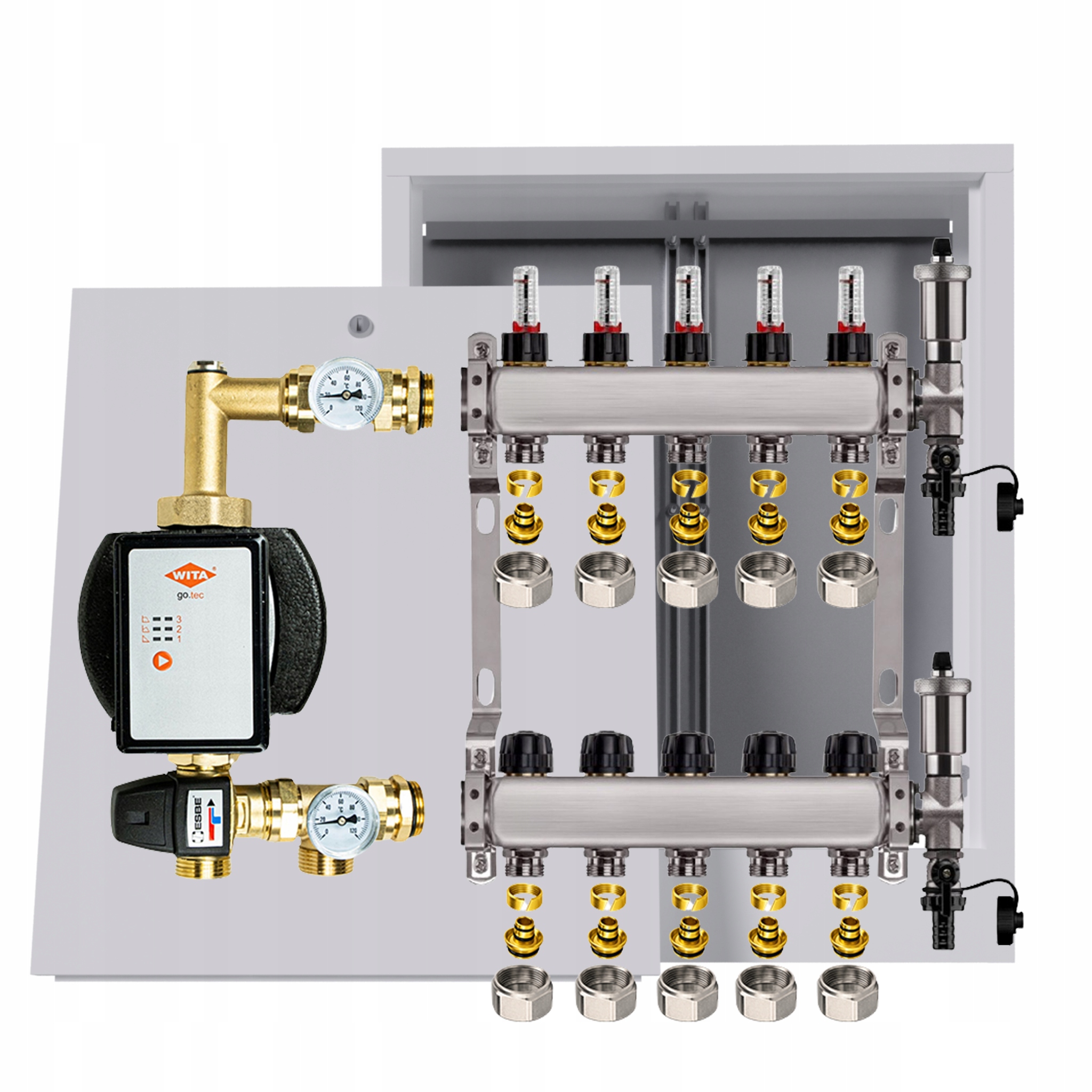 Rozdělovač podlahový nerezový 5 okruhů s čerpadlem Wita box +pex