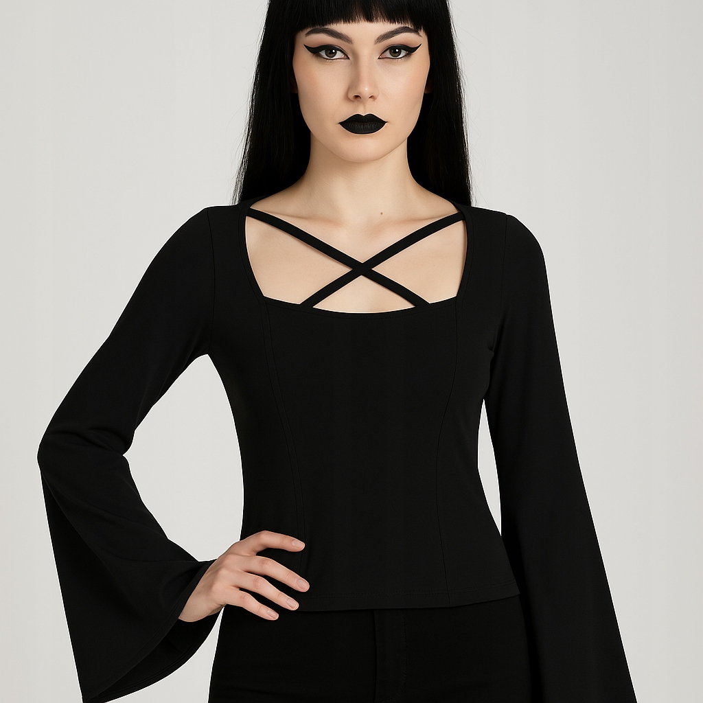 Černá halenka s širokými rukávy, alternativní gotická nu goth Bluzk