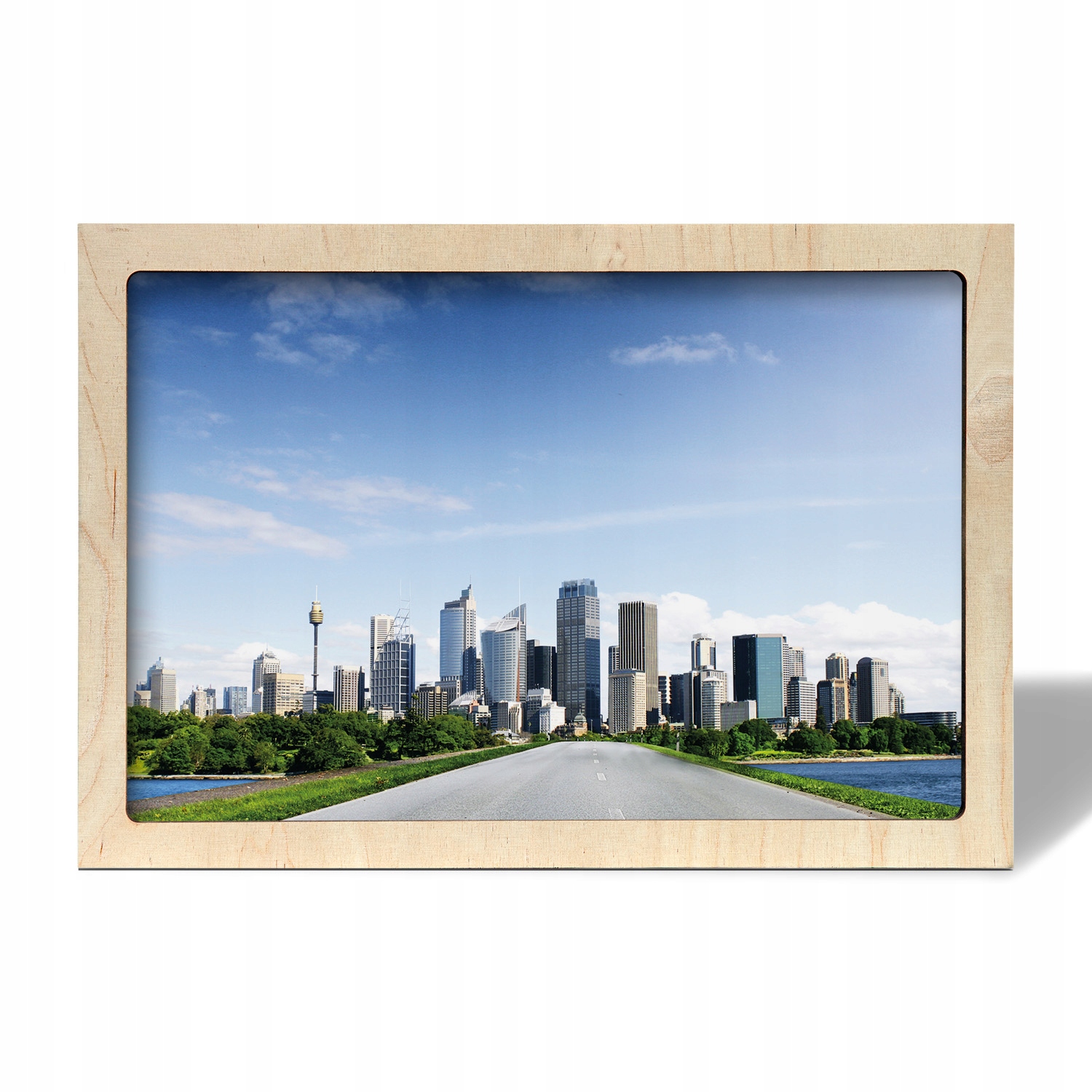 Obraz s dřevěným rámem Mrakodrapy silnice voda 55x35
