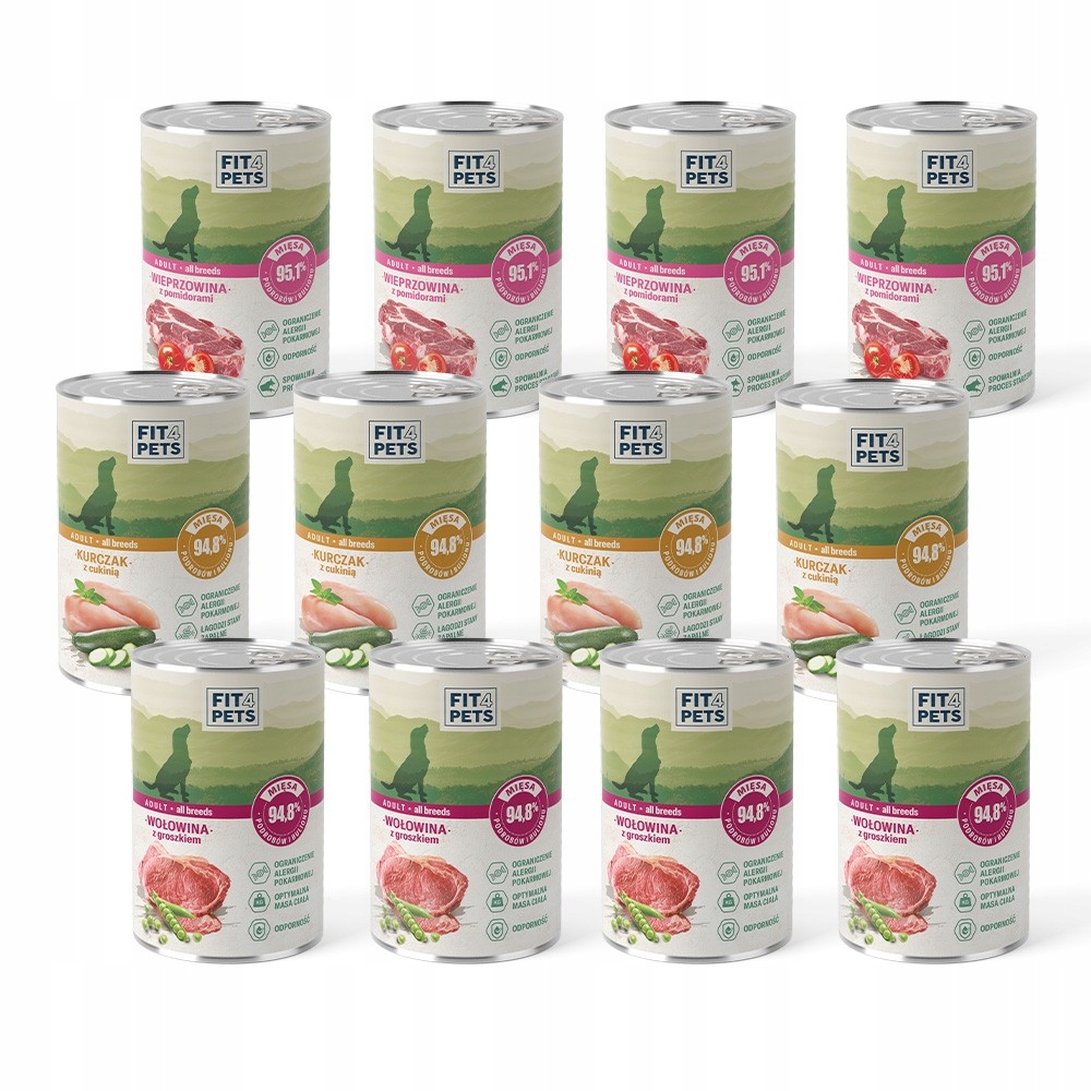 Levně Vlhké krmivo pro psy MIX 12 konzerv, hovězí maso x4, kuře x4, vepřové maso x4