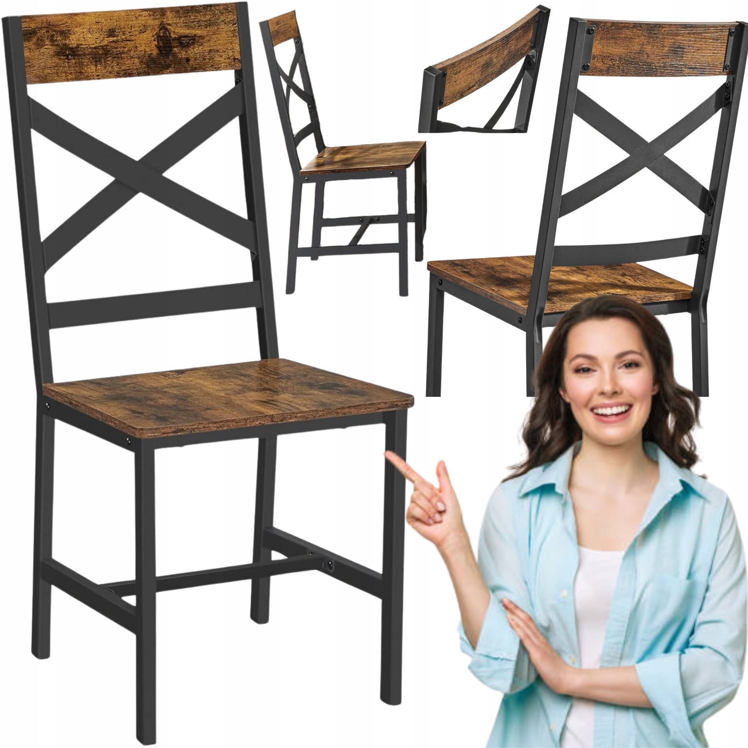 Dřevěná jídelní židle Sada 2 rustikální s kovovým rámem a opěradlem