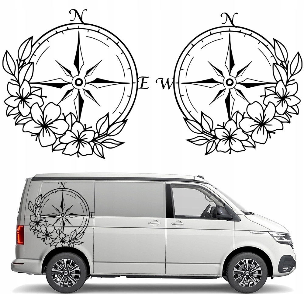 2x Samolepka Grafika na karavan a přívěs Kompas Růže Větrů Květiny 45x46