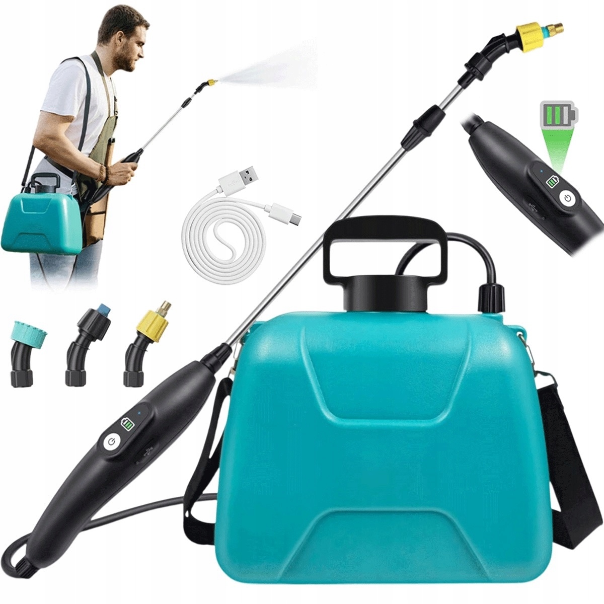 8 l elektrický postřikovač se 3 tryskami a teleskopickou trubicí, světle modrý