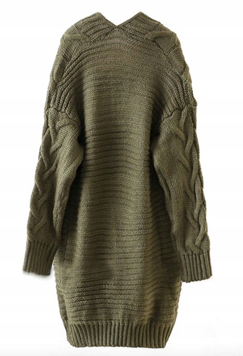 KARDIGAN SWETER DŁUGI PLECIONY Z KIESZENIĄ ZIELONY Marka inna