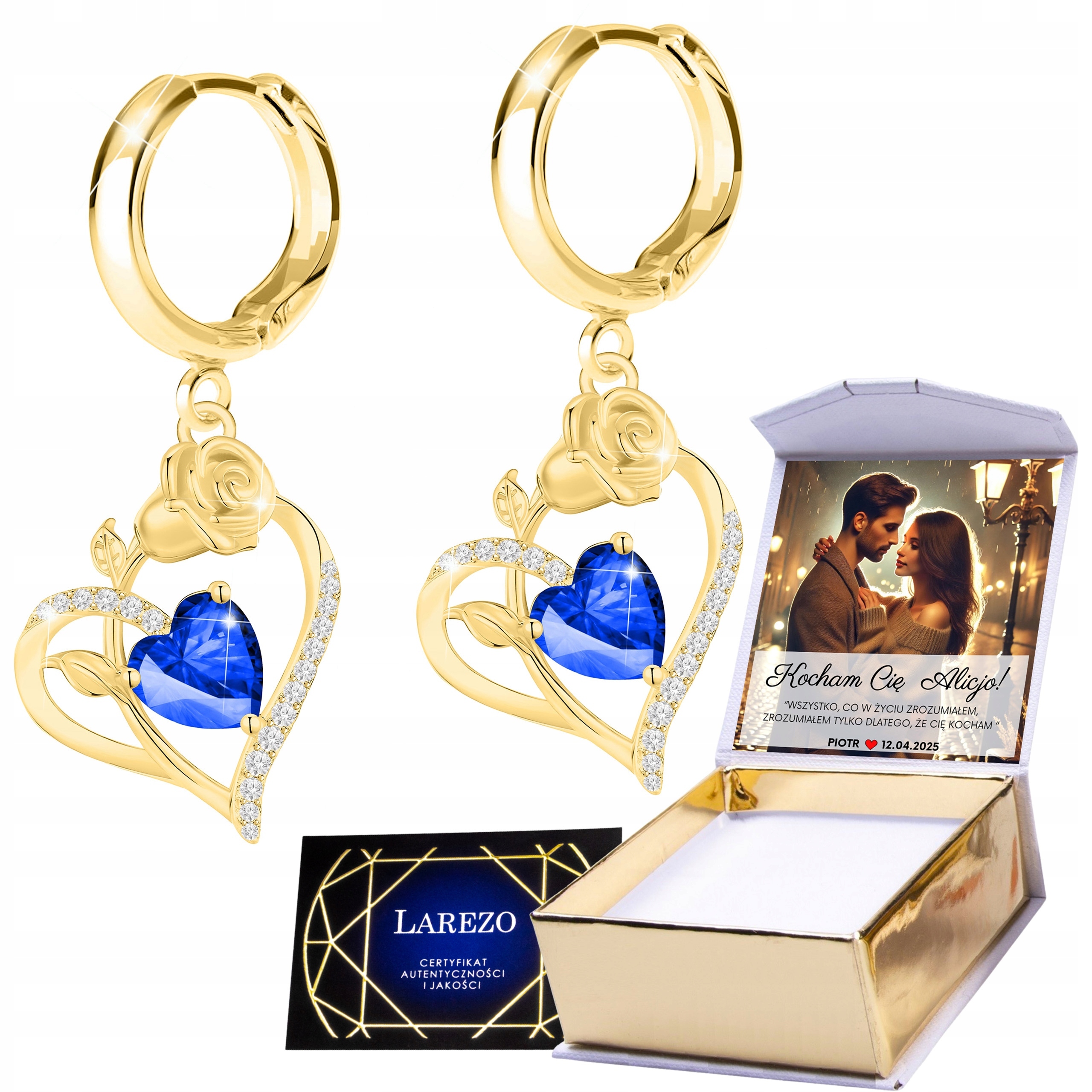 Zlaté Náušnice 925 Křišťálové srdce Růže Srdíčko s růží Vlastní Potisk