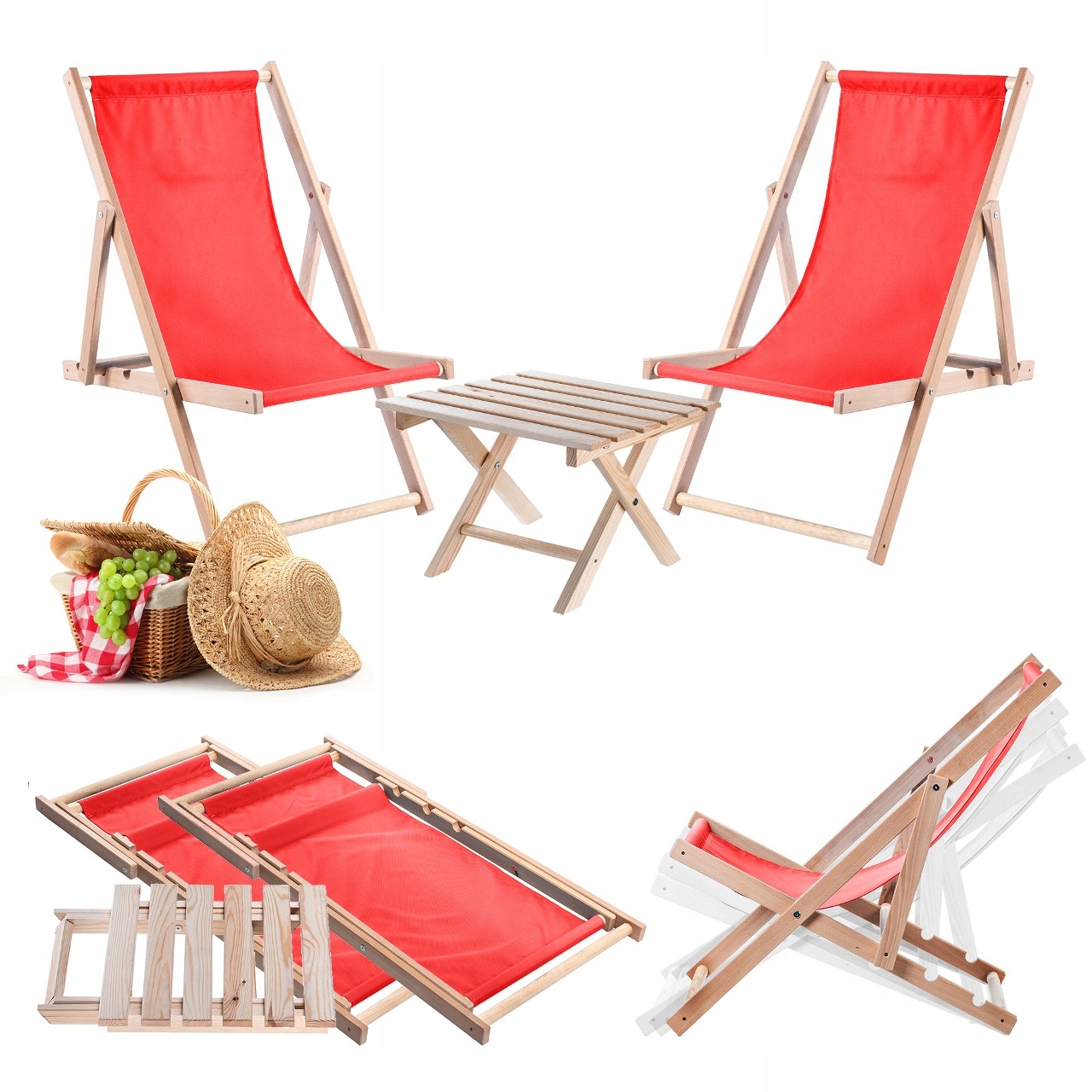 Plážové Lehátka Drevené Ležadlo 2 ks Skladací Konferenčný Stolík