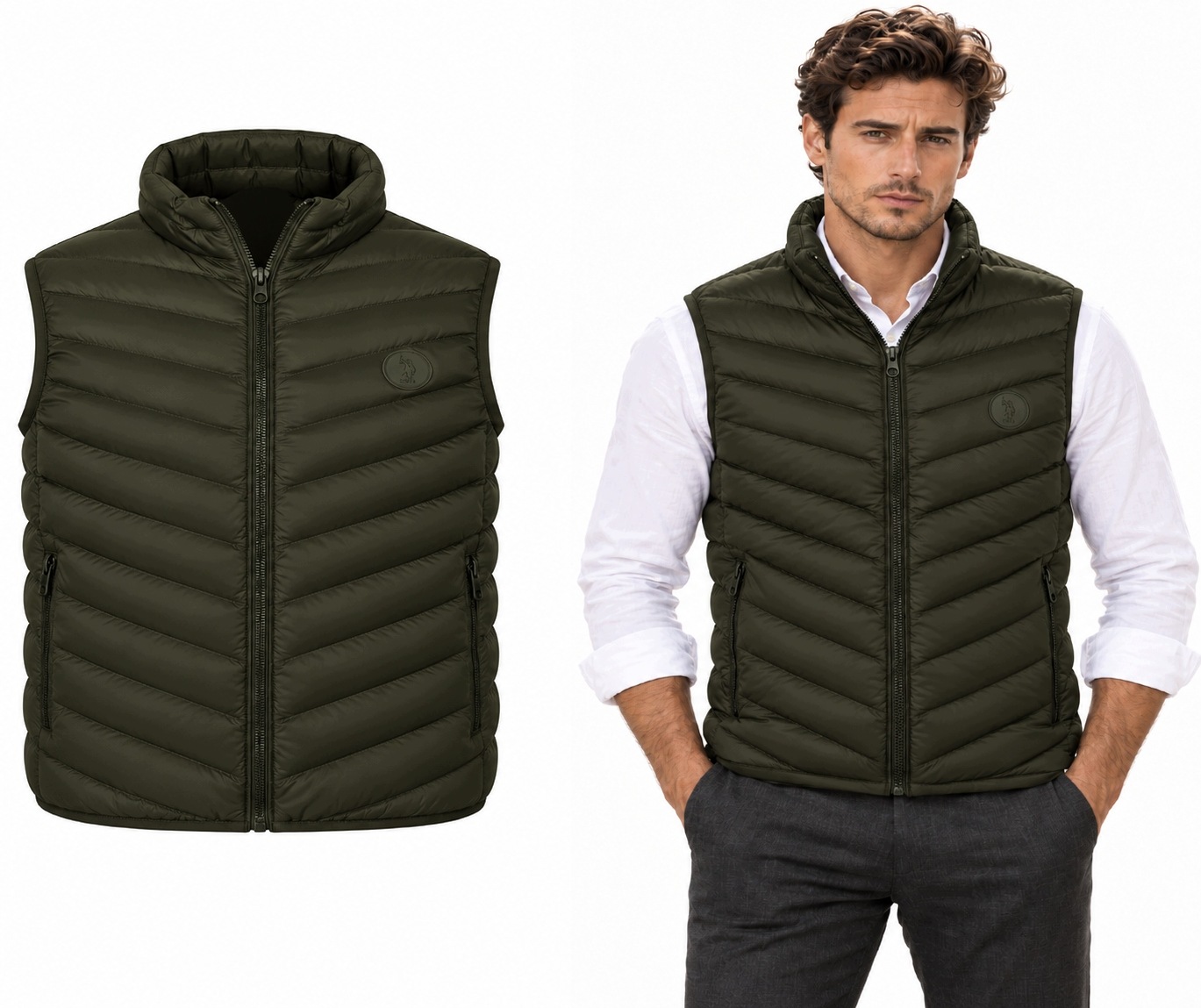 U.s. Polo Assn. Bunda Bez Rukávů Khaki Prošívaný Klasický Pohodlný s logem
