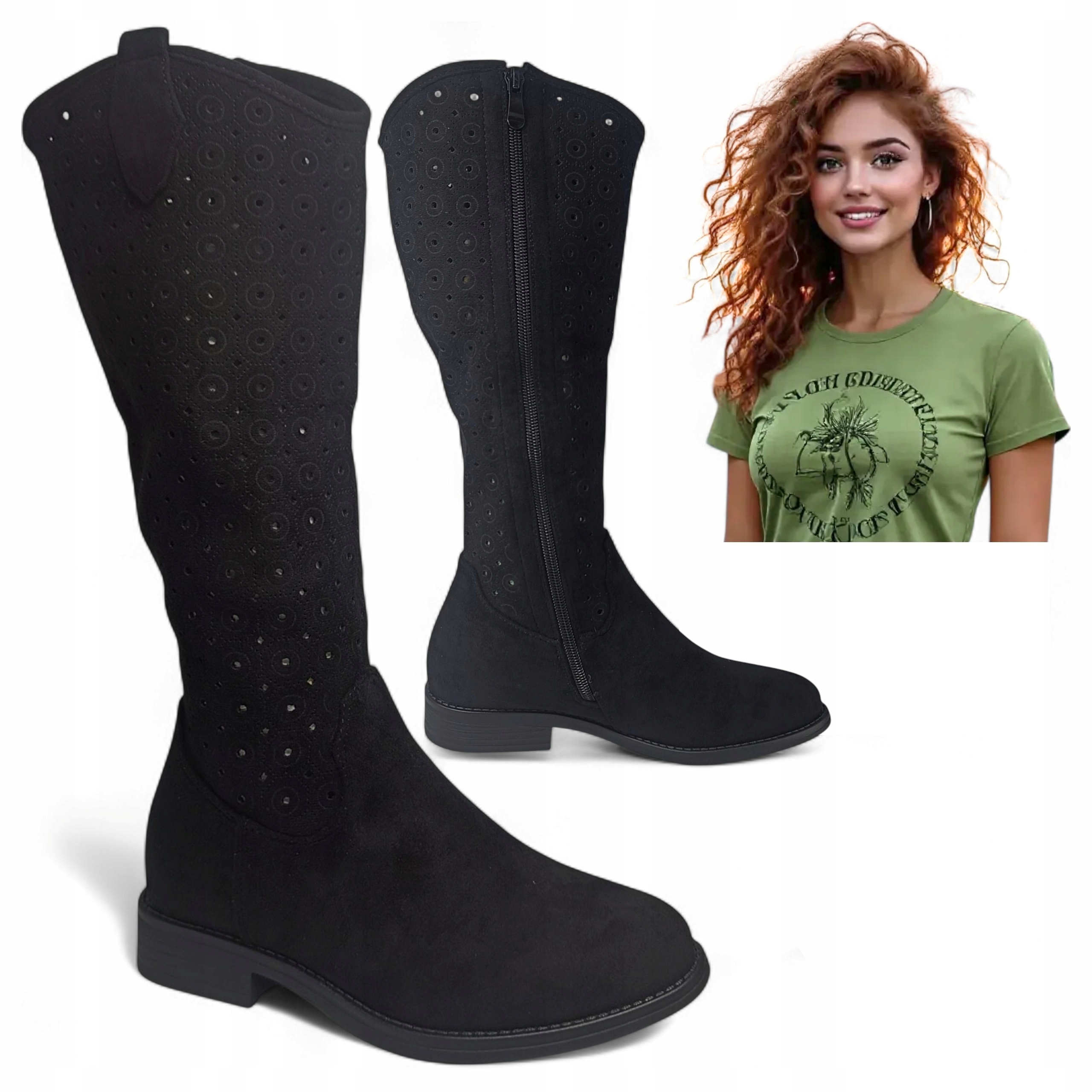 Dámské dlouhé kozačky 38 Ploché Kovbojské Boty Ažurové Semišové Podzimní Barski