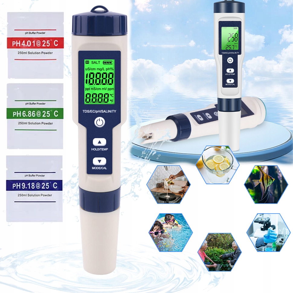 Tester Jakości Wody Basen Miernik 5 W 1 Tds/ec/ph/salinity/temperatury
