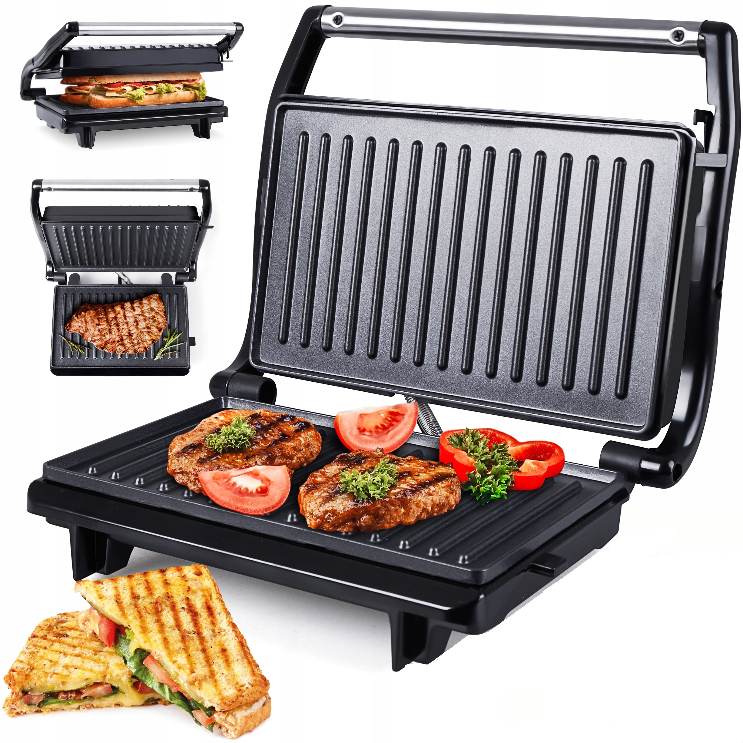 Grill Elektryczny Beztłuszczowy Bez Tłuszczu Stalowy Inox Kompaktowy 700W