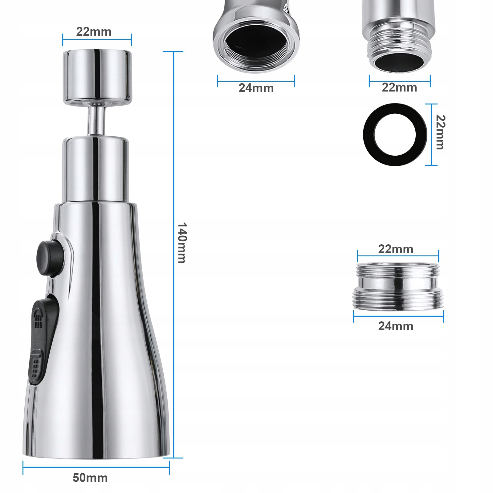 BATERIA KUCHENNA KOŃCÓWKA PRZEDŁUŻKA DO KRANU 3 TRYBY PERLATOR ADAPTER Kod producenta Kran srebrny
