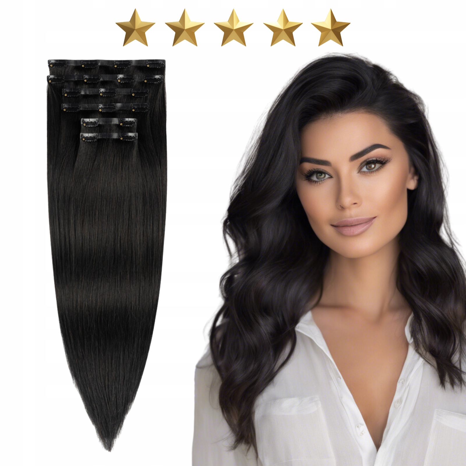 Přírodní připínáčky bezešvé vlasy Clip In 50 cm 120 g #1 černé