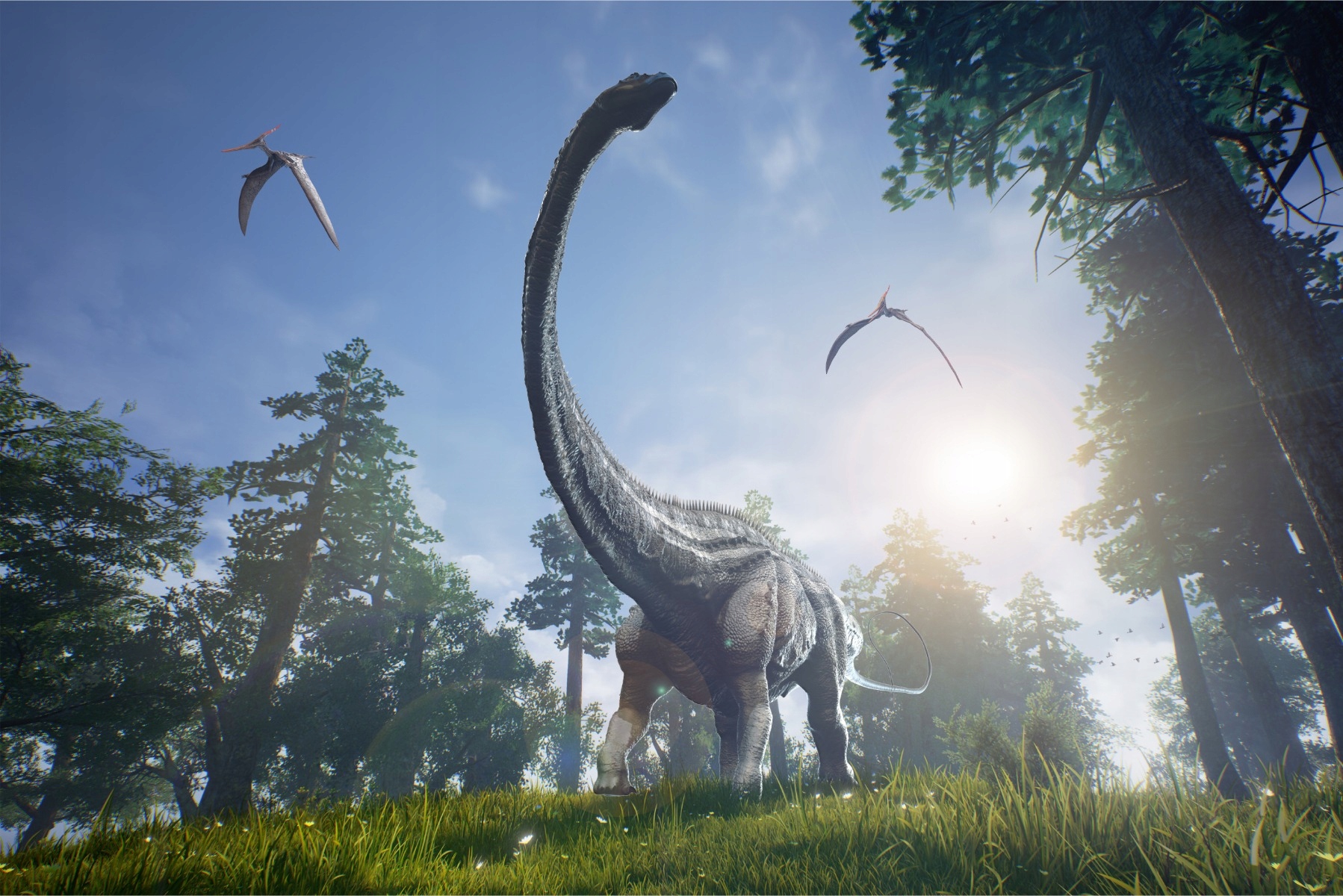 

Fototapeta dla dzieci dinozaury słońce las 135x90