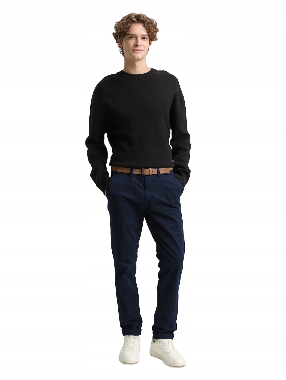 Tom Tailor Tmavě Modré Chinos Kalhoty S Hnědým Páskem 33/30 6CA