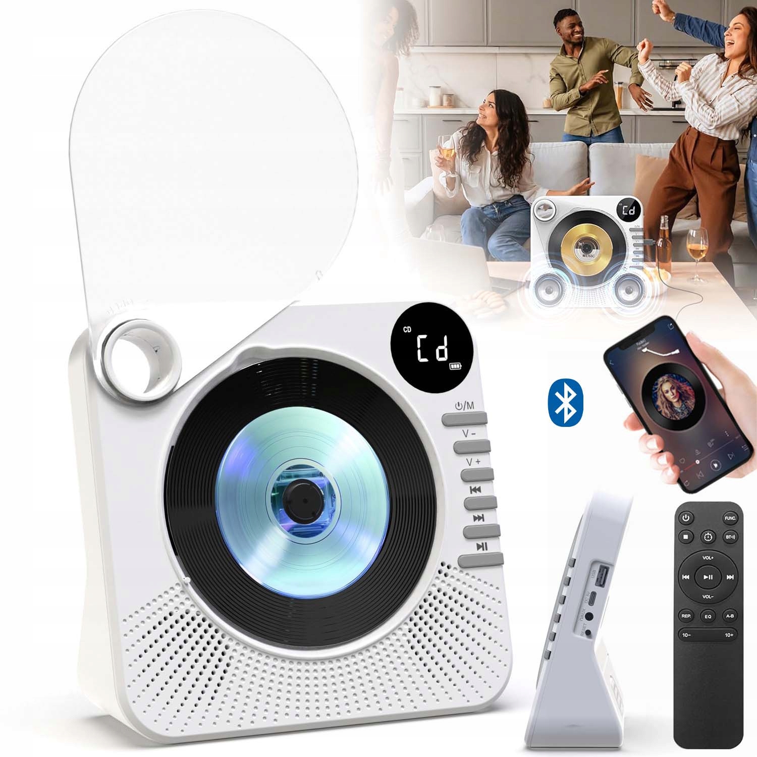 Přenosný CD Přehrávač A Bluetooth Reproduktor Dárek S Časovačem Bílý