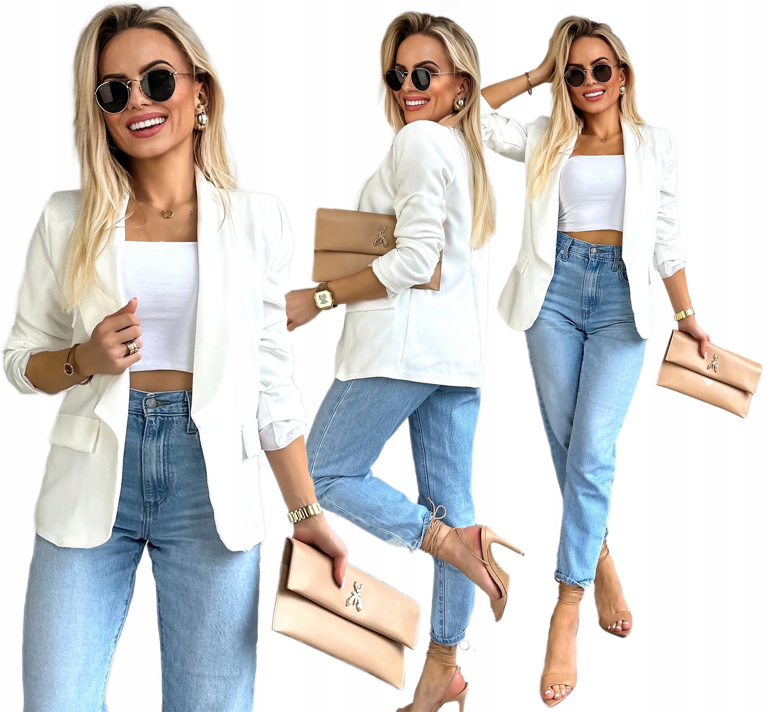 Biała Marynarka Damska Żakiet drapowane rękawy podszewka S