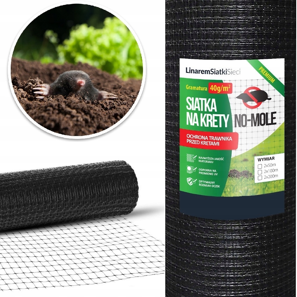 SIATKA NA KRETY 2x100m PREMIUM 40g POD TRAWNIK PRZECIW KRETOM POLSKA +KOŁKI Marka Linarem SiatkiSieci