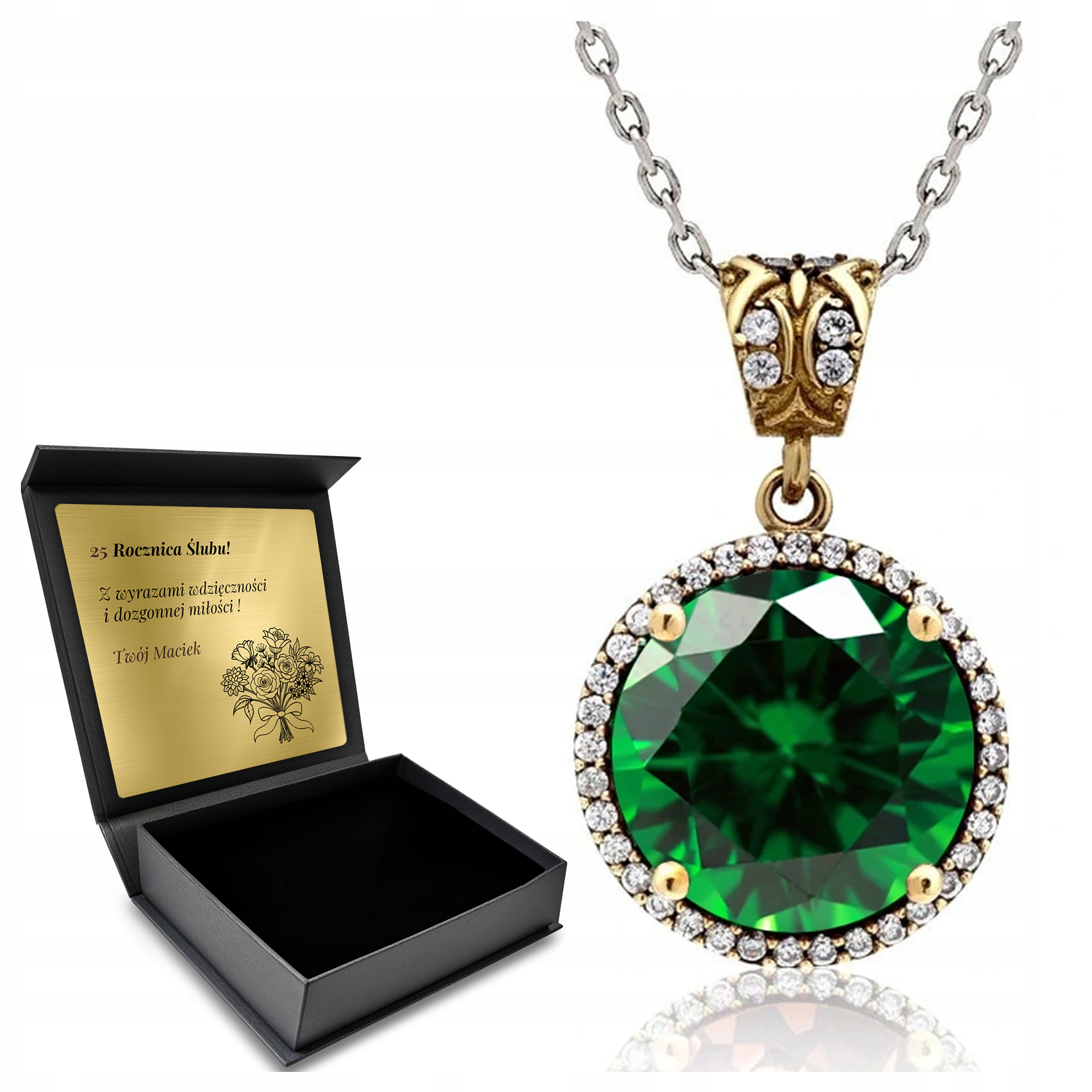 Stříbrný Náhrdelník 925 Se Zirkony A Smaragdem Pro Ženu Gravírování Bonus