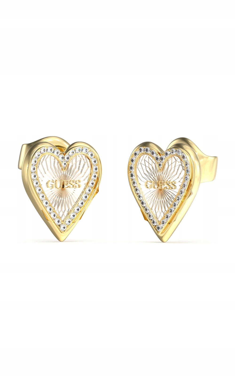 Náušnice Guess Diamantové srdce ocel pozlacené zirkon logo tyčinka