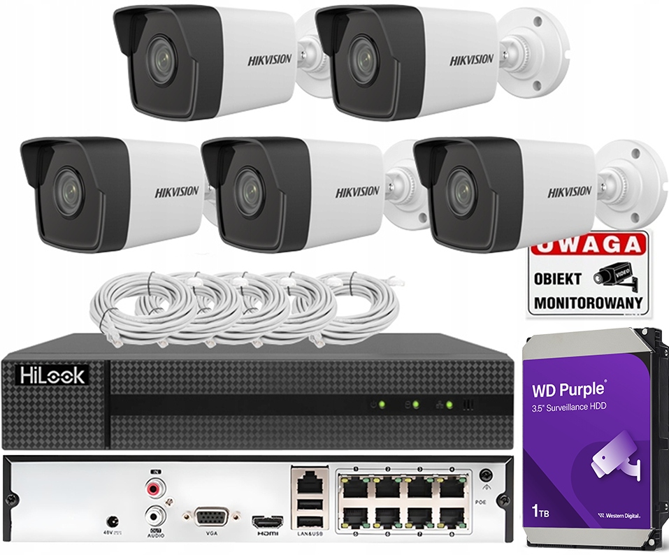 Sada monitorování Ip 5 kamer 4Mpx Hikvision Rekordér 8CH PoE Disk 1TB