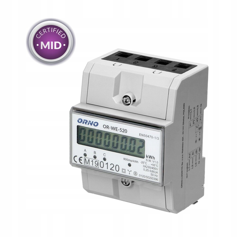 Orno Licznik energii elektr 3-fazový 80A MID 3-moduly Din