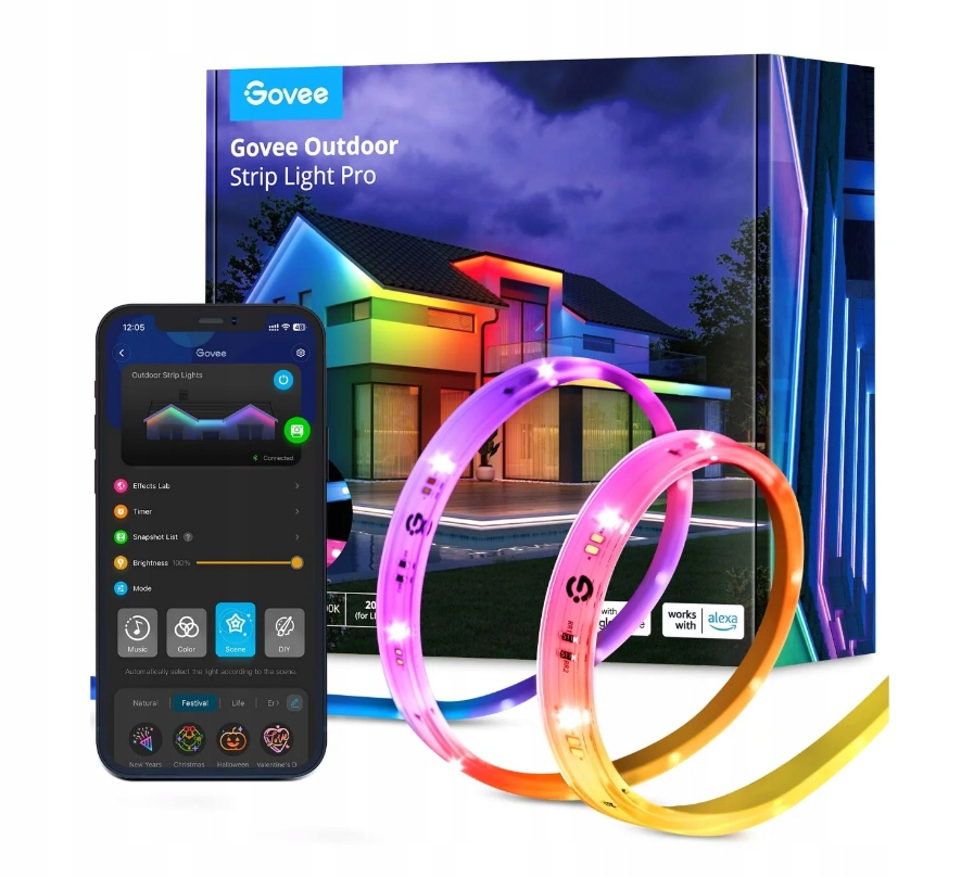 GOVEE Zewnętrzny Pasek LED 20m IP65 RGBIC Alexa App Muzyka Ogród Balkon — miniatura 10