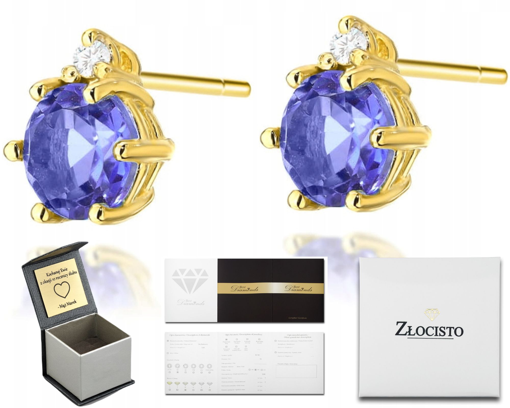 Náušnice S Přírodním Kámenem Tanzanitem Ryzost 585 Diamanty, Dárek Gravírování