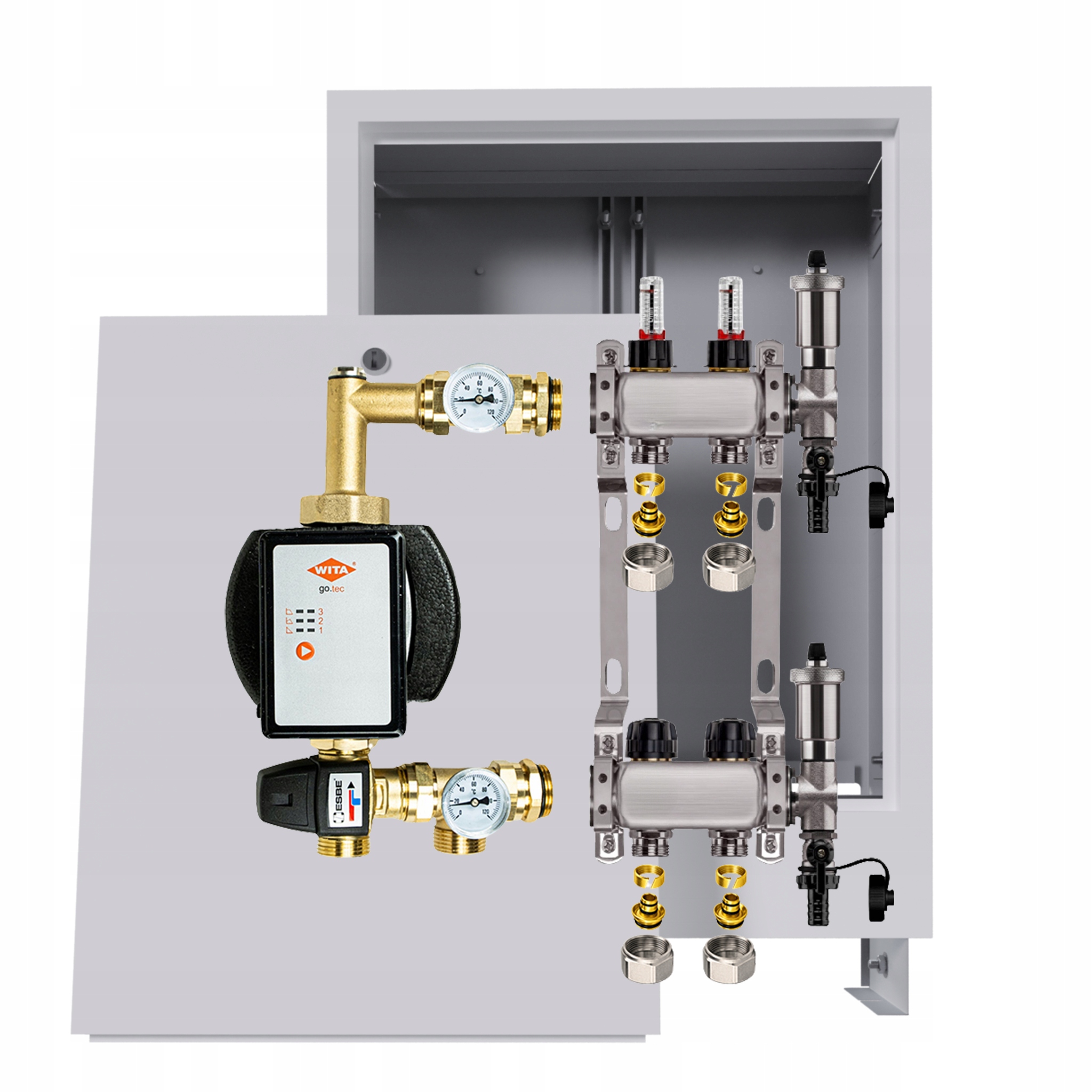 Rozdělovač pro podlahovku 2 okruhy s čerpadlem Wita podomítková skříňka Pex