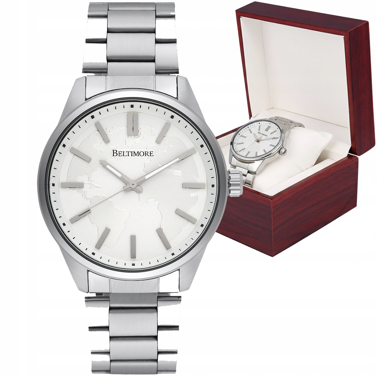 Pánské hodinky s náramkem, velké, robustní, stříbrné, quartzové, v krabička Beltimore