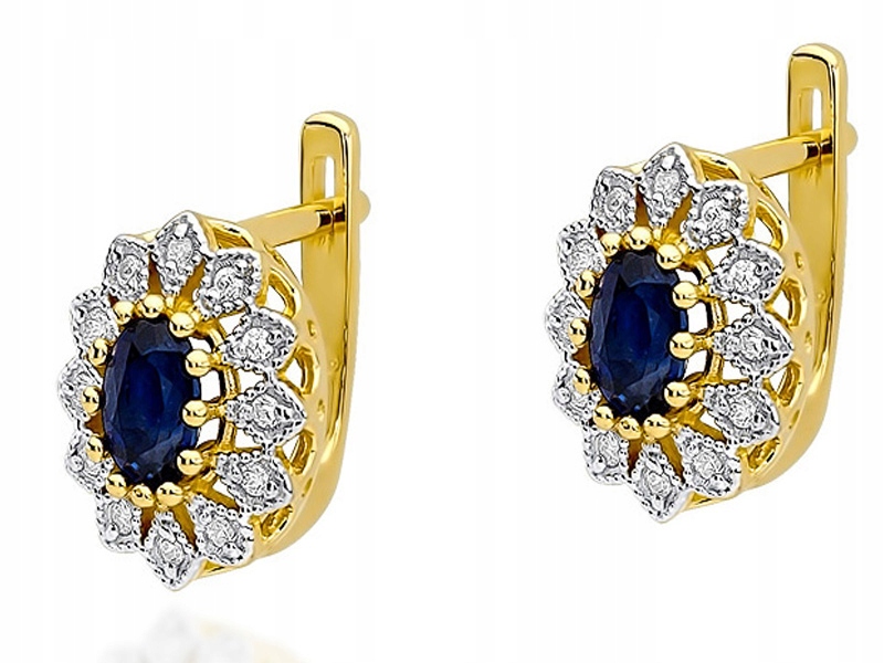 Zlaté náušnice 585 s safíry a brilianty 4,50 g, módní vzor dárek 14k