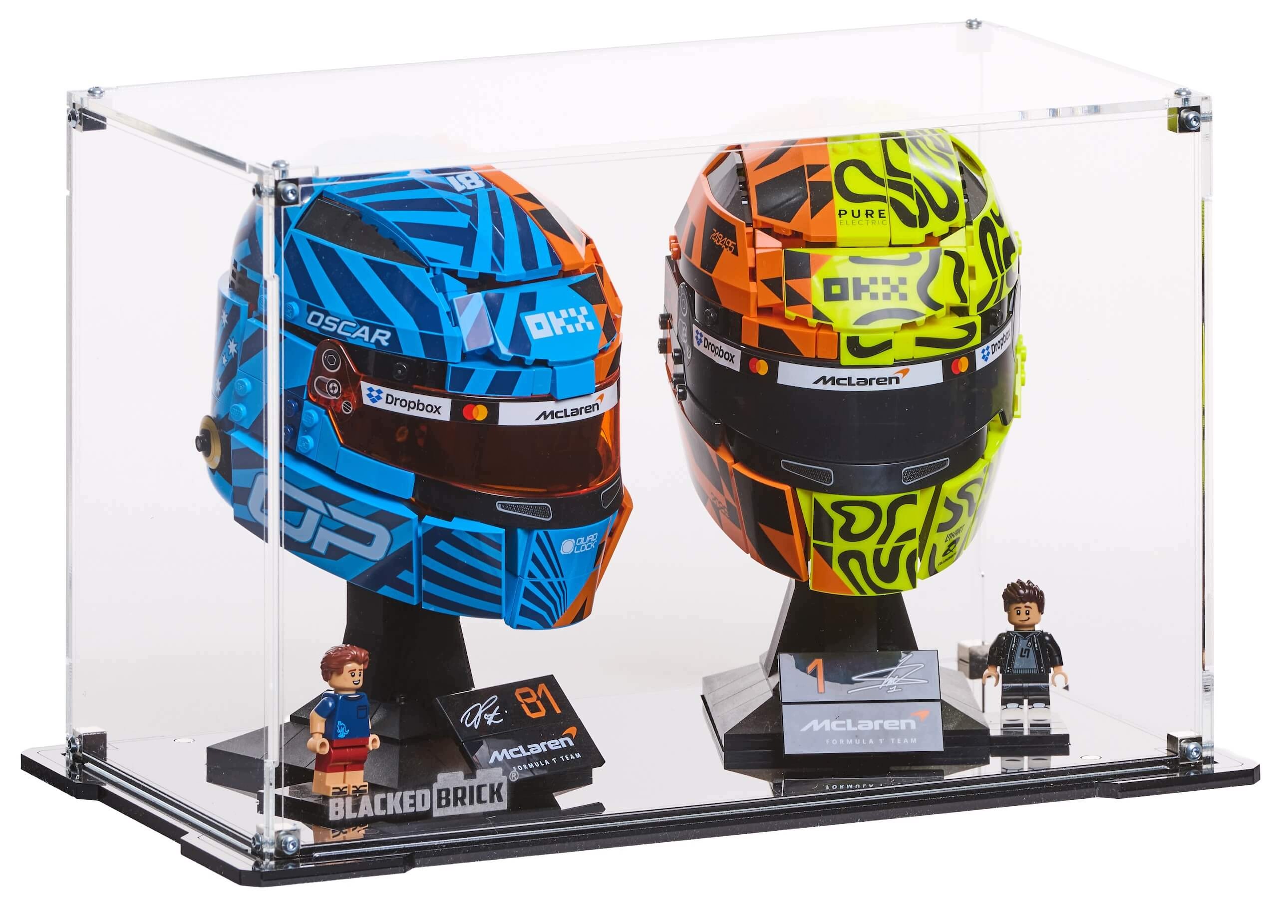 Vitrína Blacked Brick pro Lego 43023 43017 Helmy McLaren F1 Norris Piastri