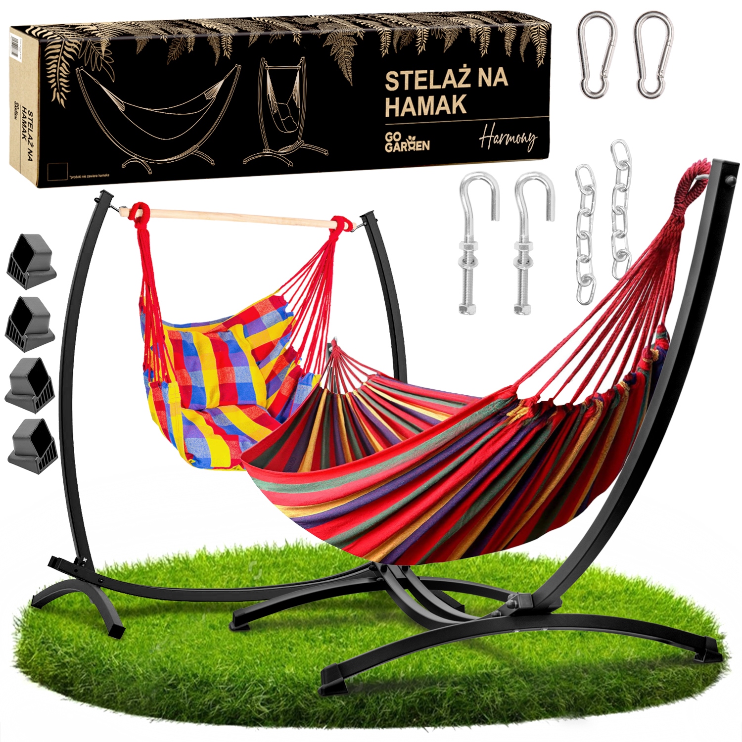 Hamak ze stelażem czarny ogrodowy dwuosobowy fotel wiszący huśtawka mocny