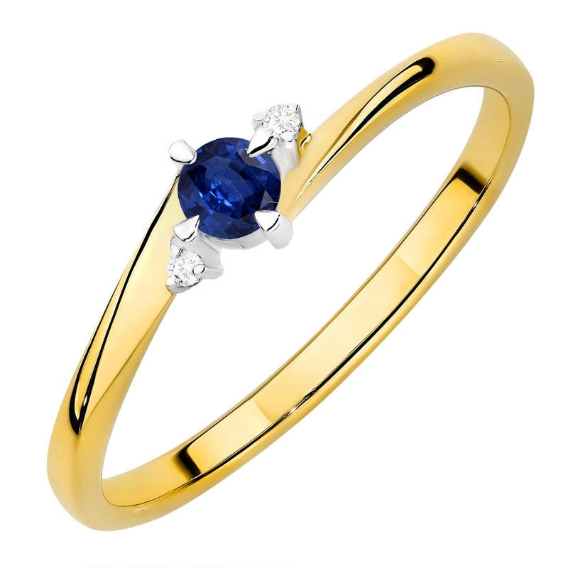 Złoty Pierścionek pr. 585 z Szafirem 0,15ct i Brylanty 0,017ct Grawer