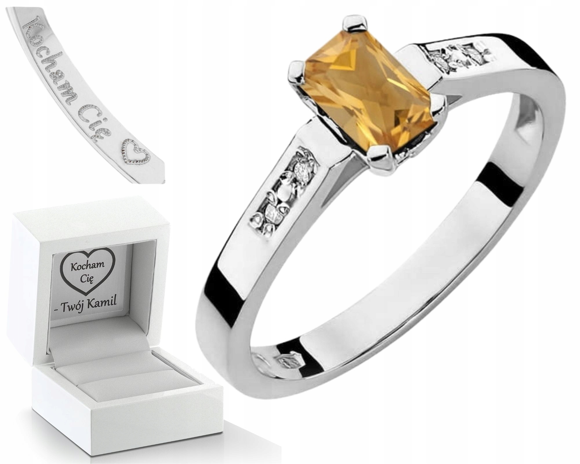 Bílý Zlatý Prstýnek S Citrínovými Diamanty 585 14K Dárek Gravírování