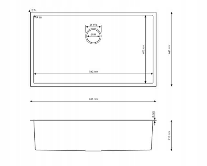 Zlewozmywak podwieszany SANTA Stal Inox 74x44 cm + SYFON Liczba komór jednokomorowy