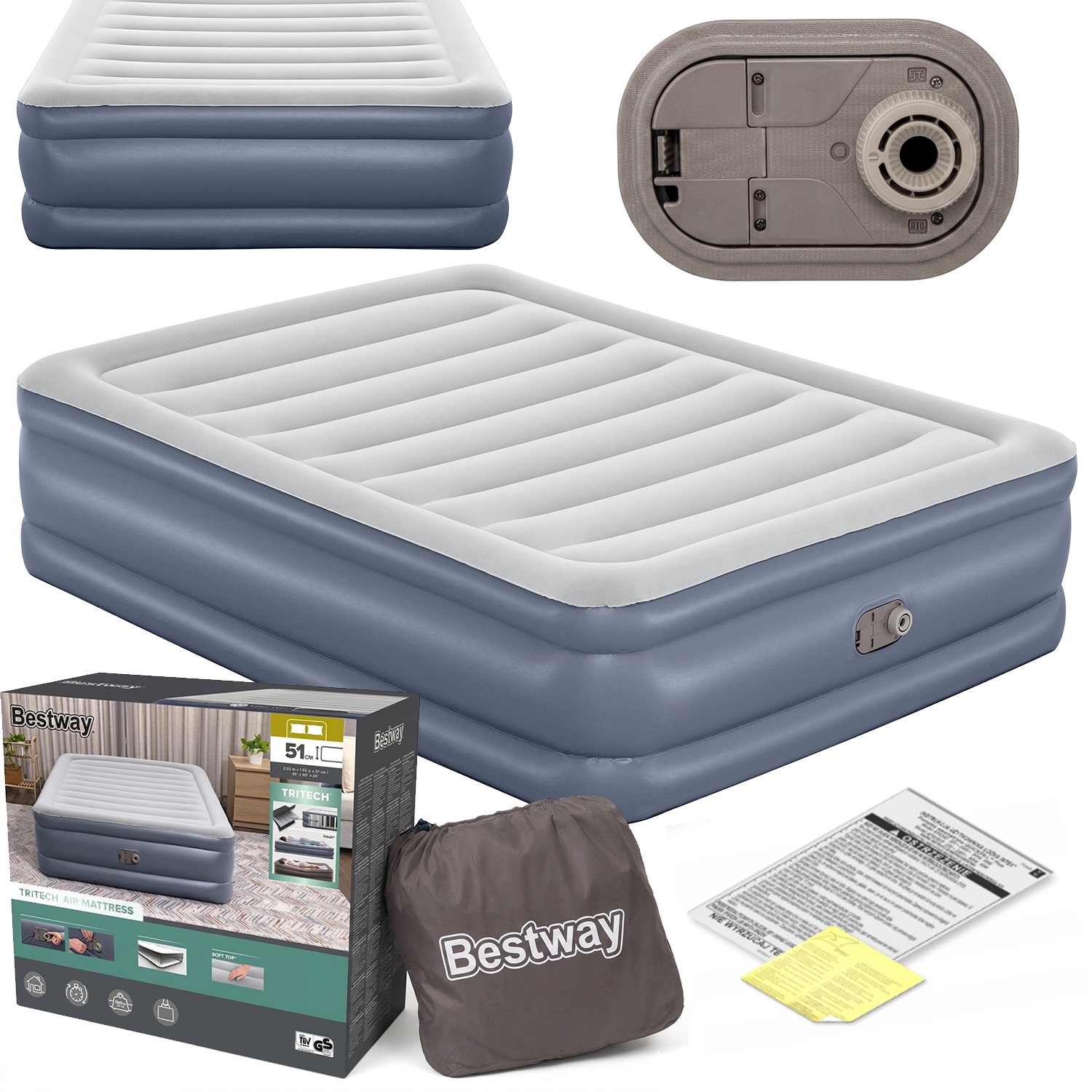 Materac dmuchany dla 2 osób dwuosobowy wysoki 200x150 pompka pokrowiec