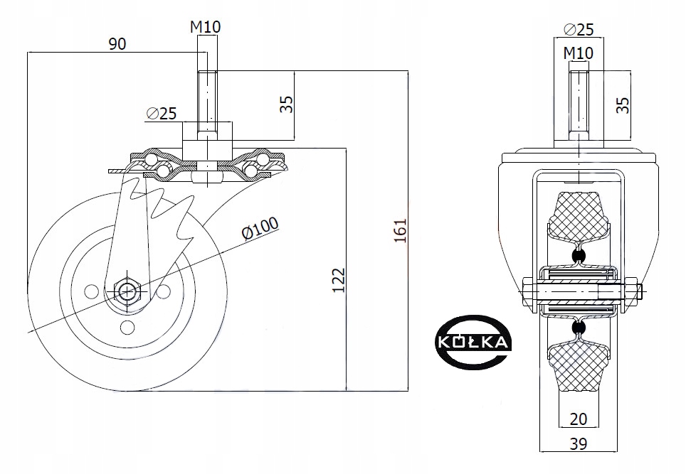 KOŁO SKRĘTNE fi.100mm Z TRZPIENIEM, NOŚNOŚĆ 70KG Marka inna