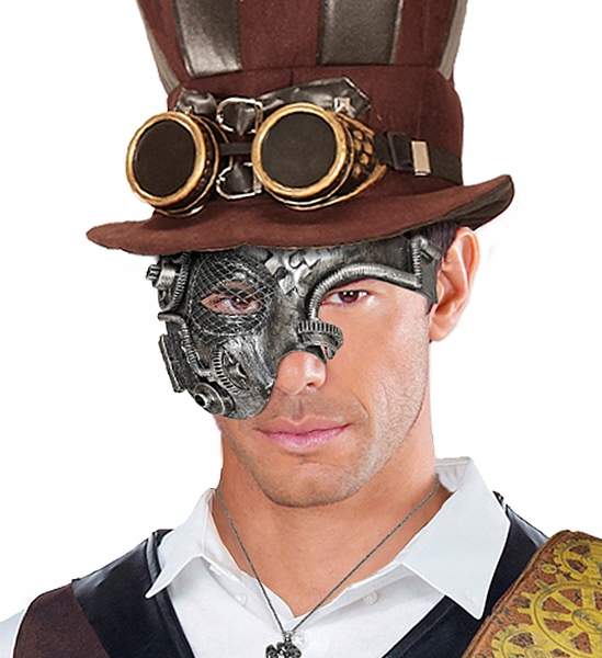 MASKA STEAMPUNK NA PÓŁ TWARZY MASZYNA PAROWA ROBOT Kolor dominujący srebrny